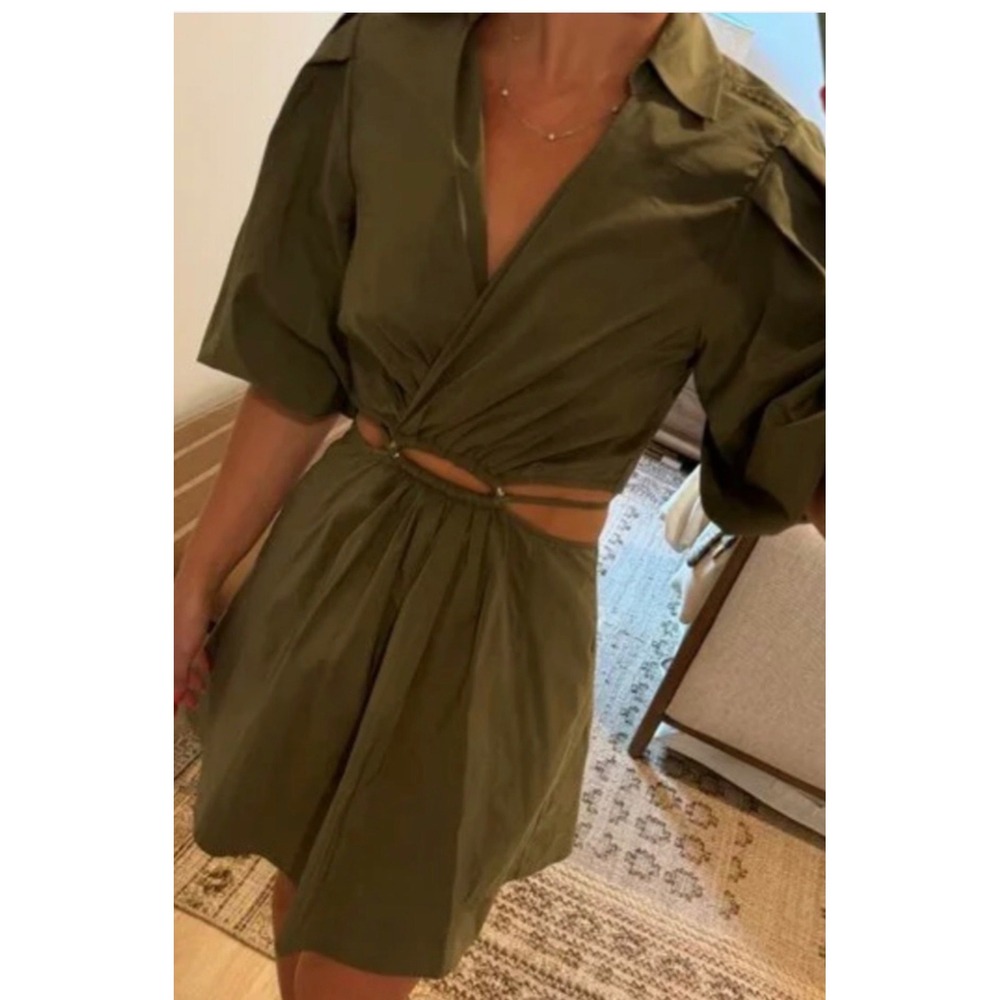 Jonathan Simkhai Olive Green Cutout Ring Mini Dress Puff Sleeve XL - Picture 2 of 8